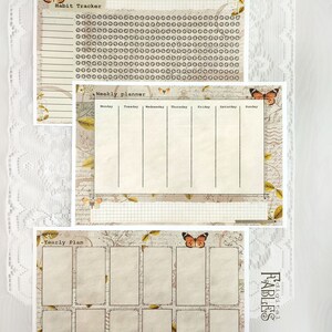 May include: Three printable planner pages with a vintage aesthetic. The pages feature a habit tracker, a weekly planner, and a yearly plan. Each page has a butterfly graphic and a distressed background.
