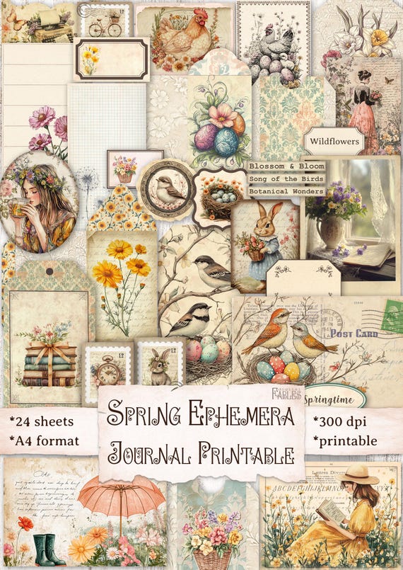 Spring Ephemera Kit, Vintage Aesthetics Junk Journal Printable, Easter Scrapbooking, Pockets, Birds, Flowers, Tags, Collage, Shabby