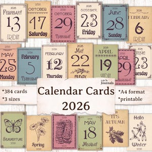 2026 Vintage Style Calendar Cards with Dates, Mini Calendar, Junk Journal Ephemera, Bullet Journal, Planner, Printable Download, Labels