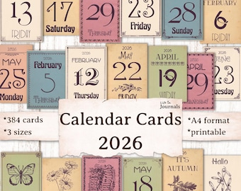 2026 Vintage Style Calendar Cards with Dates, Mini Calendar, Junk Journal Ephemera, Bullet Journal, Planner, Printable Download, Labels