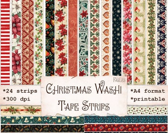 Christmas Faux Washi Tape Strips, Junk Journal, Planner, Scrapbook, Printable Ephemera, Collage Sheet, Digital Download, December Daily