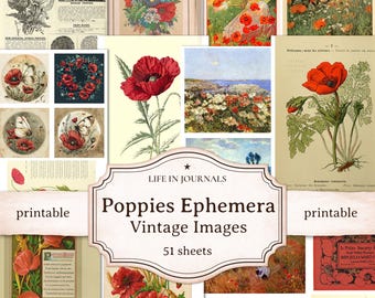Poppy Flowers Vintage Ephemera Pack, Printable Botanical Nature Sheets, Junk Journal, Collage, Scrapbooking, Instant Download, Paper Craft