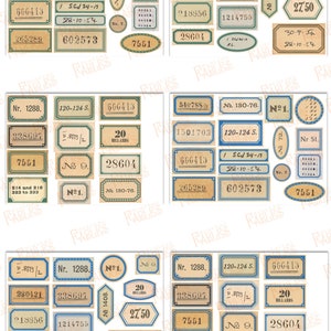 May include: A collection of vintage-style labels with blue and brown borders. The labels feature various numbers, text, and designs, including "Nr. 1288", "120-124 S.", "20 BILLARDS", and "N&ordm;1".