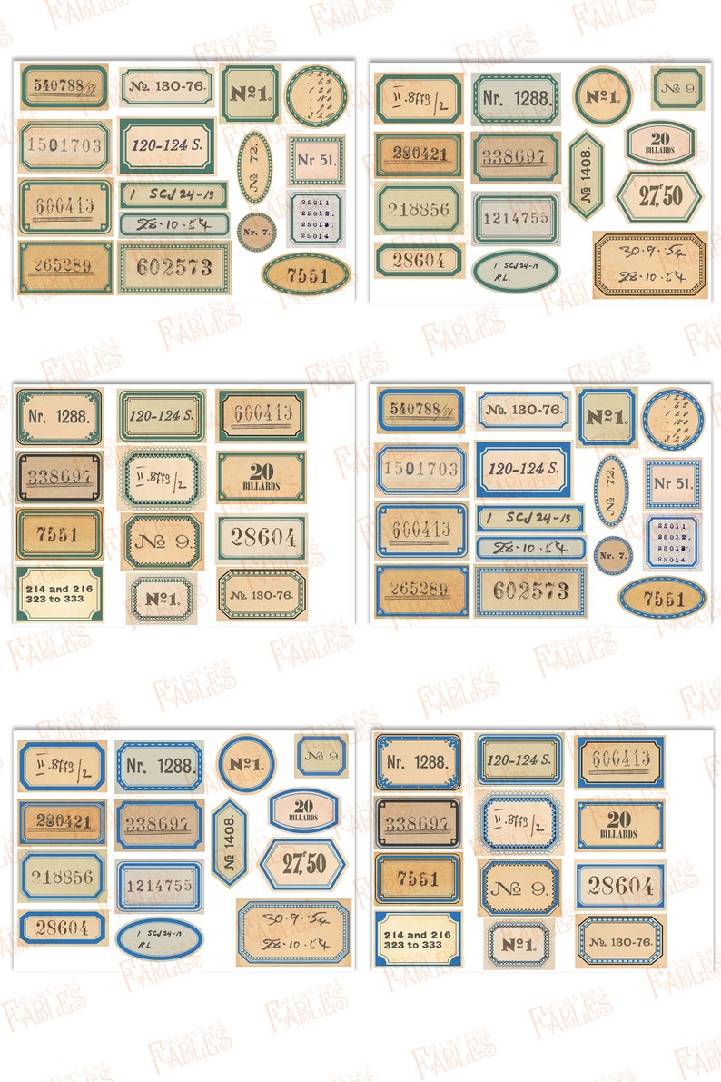May include: A collection of vintage-style labels with blue and brown borders. The labels feature various numbers, text, and designs, including "Nr. 1288", "120-124 S.", "20 BILLARDS", and "N&ordm;1".