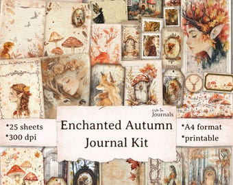Enchanted Autumn Junk Journal Kit, afdrukbaar bossprookje, herfstplakboekset, magische vintage ephemera, collagevellen elvenbos