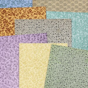 Op de afbeelding: Een verzameling vintage journalpagina's en schutbladen met bloemmotieven in verschillende kleuren, waaronder blauw, geel, groen en paars. De tekst "JOURNAL PAGES-ENDPAPERS FROM BOOKS" staat onderaan de afbeelding. De tekst "includes original vintage version and colored" staat onder de titel.
