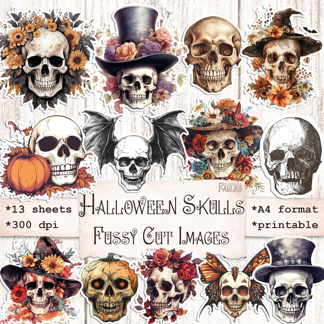Halloween Skulls Fussy Cut Images, All Hallows Eve Ephemera, Spooky ...