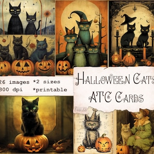 Cartes ATC Halloween chats vintage, style cartes postales rétro, éphémères fantasmagoriques imprimables, journal indésirable, scrapbooking, journal artistique, travaux manuels en papier