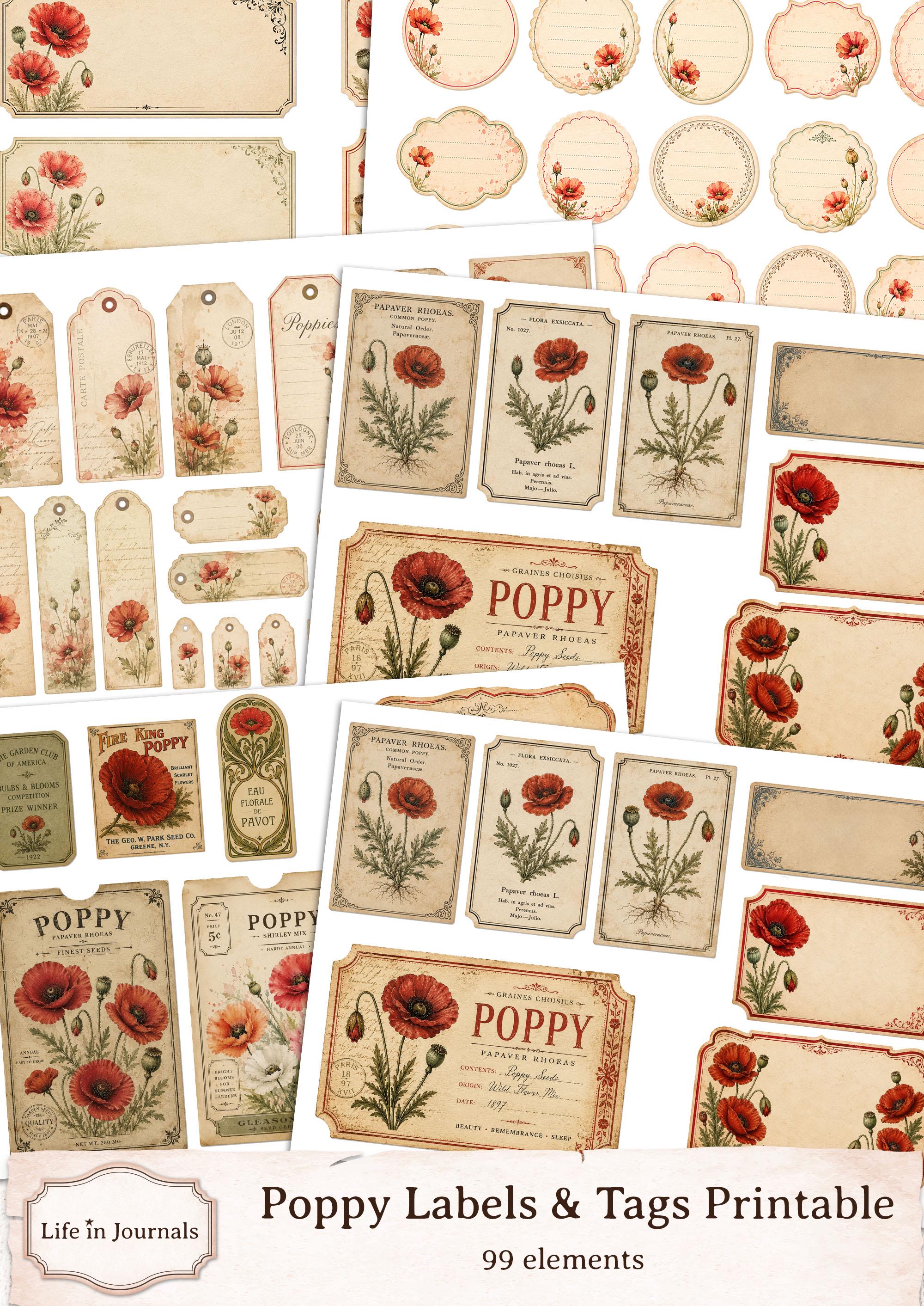 Poppy Labels & Tags Printable, Vintage Botanical Ephemera, Junk Journal ...
