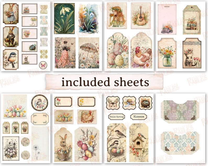 Puede incluir: Un paquete de papel digital con tem&aacute;tica primaveral. El paquete incluye im&aacute;genes de flores, p&aacute;jaros, huevos y otros elementos de tem&aacute;tica primaveral. Las im&aacute;genes son de estilo vintage y son perfectas para scrapbooking, creaci&oacute;n de tarjetas y otras manualidades de papel.