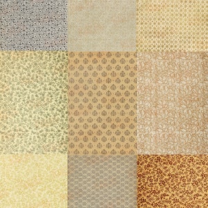 Op de afbeelding: Negen verschillende gepatroneerde vierkanten papier met een vintage esthetiek. De patronen omvatten bloemmotieven, geometrische en abstracte ontwerpen in tinten bruin, beige en grijs.