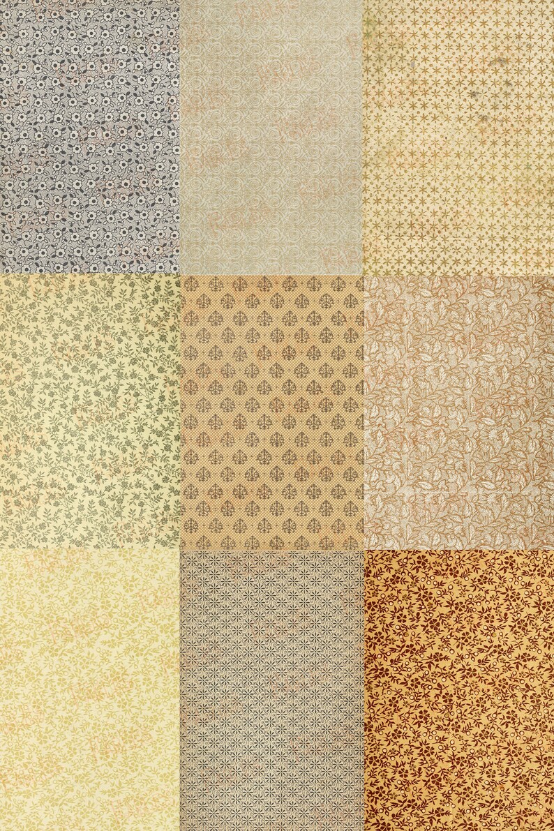 Op de afbeelding: Negen verschillende gepatroneerde vierkanten papier met een vintage esthetiek. De patronen omvatten bloemmotieven, geometrische en abstracte ontwerpen in tinten bruin, beige en grijs.