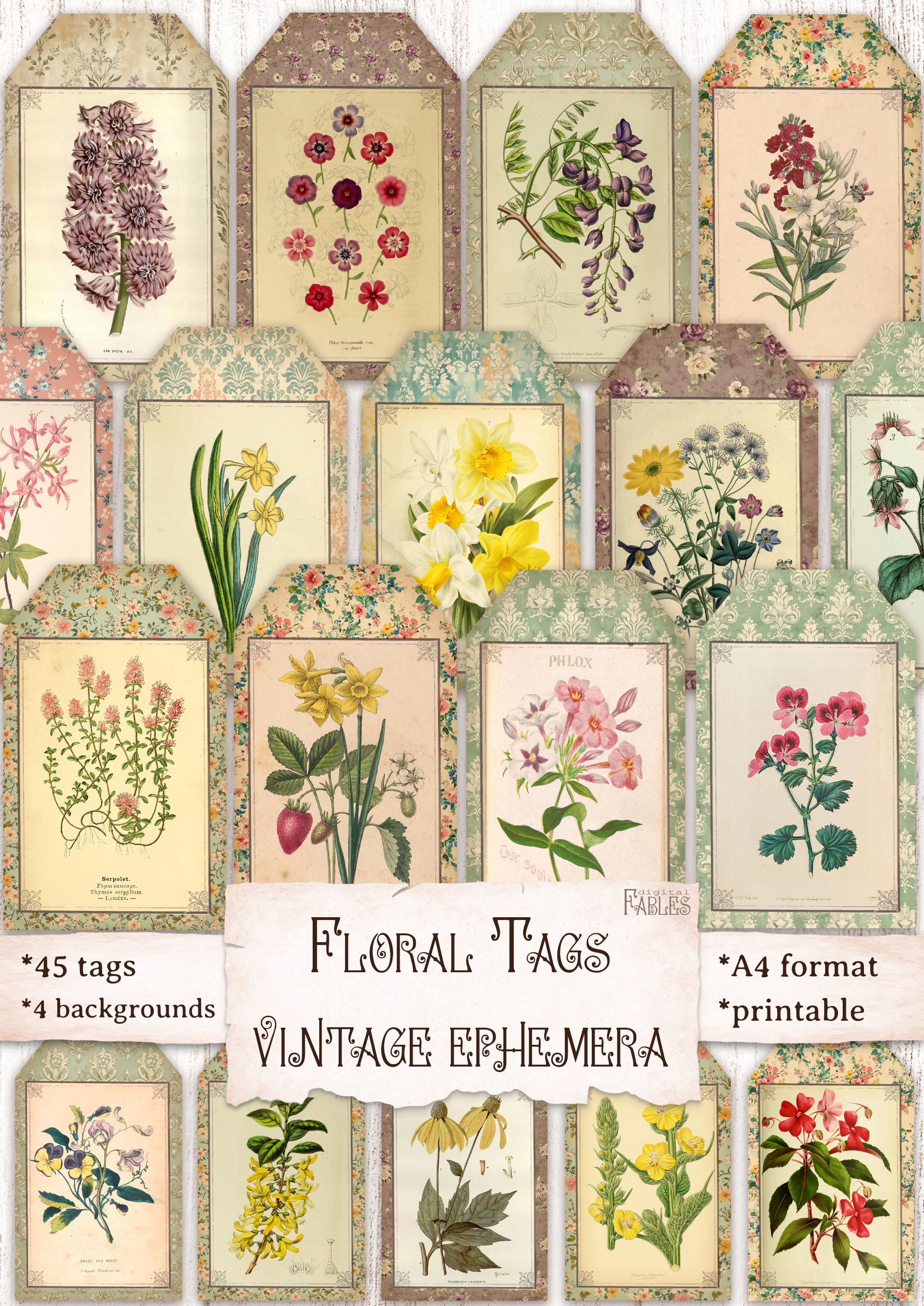 Vintage Floral Tags Printable, Botanical Ephemera for Junk Journal, Art ...