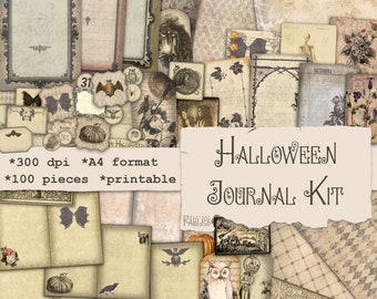 Halloween Junk Journal Kit, Vintage Brown Grunge Shabby, Tags, Labels, Pages and Pattern Papers, Ephemera, All HallowsEve Journal, Scrapbook