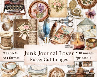Junk Journal Lover Fussy Cuts, 110 Vintage Printable Images, Scrapbook Ephemera Kit for Journaling & Crafting, Instant Download