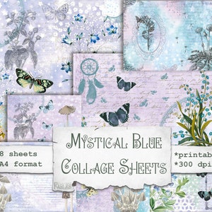 Folhas de colagem azul mística, Boho, Shabby Junk Journal. Coisas efêmeras vintage azuis e rosa. Flores, cogumelos, borboletas para impressão digital