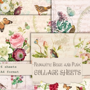 Feuilles de collage romantique, beige crème et rose, fleurs, oiseaux, papillons. Kit numérique imprimable Junk Journal, impressions de scrapbooking éphémères