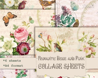 Romantic collage sheets, Creamy Beige and Pink, Flowers, Birds, Butterflies. Junk Journal Printable Digital Kit, Scrapbook Prints Ephemera