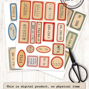 May include: A set of printable vintage-style labels with red, blue, and green borders. The labels feature various numbers, dates, and text, such as "Nr. 51", "1 SCJ 24-1/3", and "28-10-54".