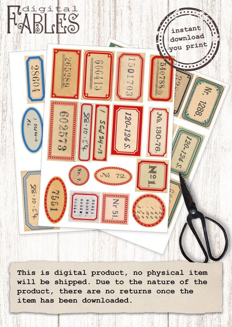May include: A set of printable vintage-style labels with red, blue, and green borders. The labels feature various numbers, dates, and text, such as "Nr. 51", "1 SCJ 24-1/3", and "28-10-54".