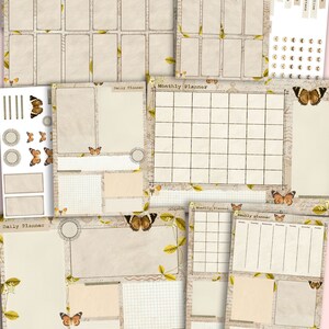 May include: A printable planner with a vintage aesthetic featuring butterflies and floral designs. The planner includes pages for yearly, monthly, and daily planning. The text "Vintage Printable Planner" is at the bottom of the image. The text "*vertical and horizontal *12 sheets *A4 format" is below the title.