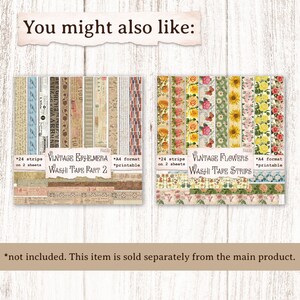 May include: Two printable sheets of washi tape, one with vintage ephemera and the other with vintage flowers. Each sheet contains 24 strips of washi tape and is A4 format.