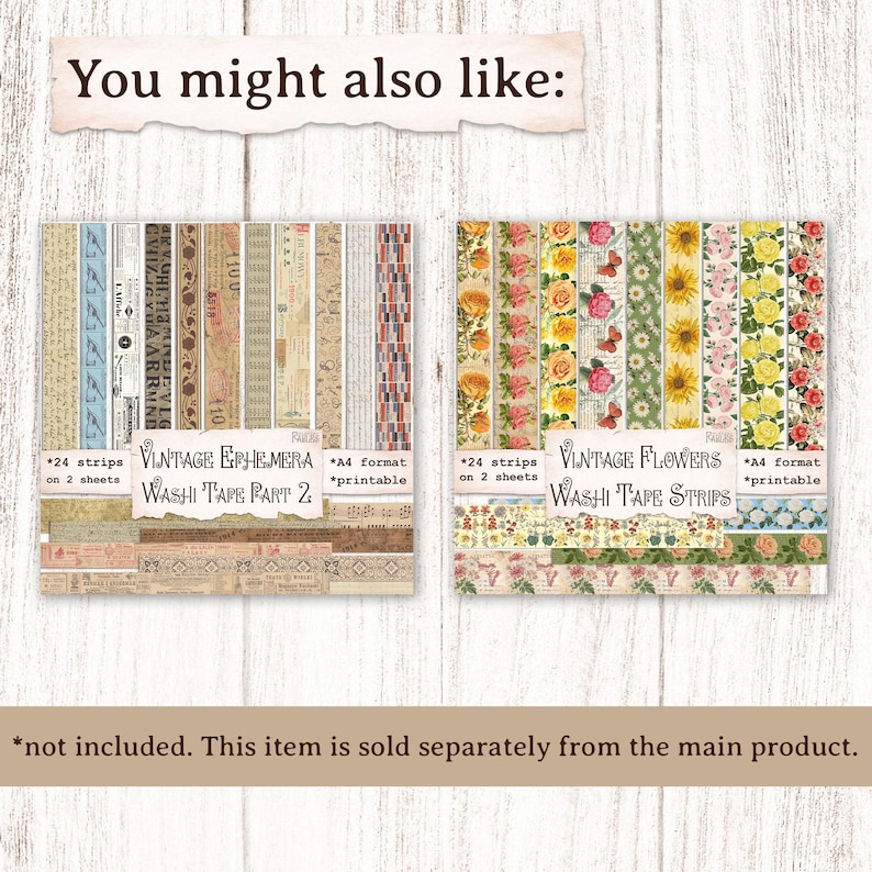 May include: Two printable sheets of washi tape, one with vintage ephemera and the other with vintage flowers. Each sheet contains 24 strips of washi tape and is A4 format.