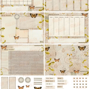 May include: A printable planner with a vintage aesthetic featuring butterflies, leaves, and a compass. The planner includes sections for monthly, weekly, and daily planning, as well as a habit tracker.