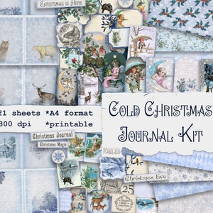 Cold Winter Junk Journal Kit, Frosty Journal Pages, Cool Ephemera Digital Kit, Winter Wonderland, Christmas Scrapbook Set, Blue, Snow Kit