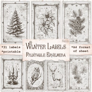 Winter Journal Labels, Chritsmas Junk Journal Ephemera Pieces, Decorating Frames, Shabby Gray Beige Collage Sheets, Scrapbook Cards