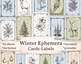 Winter Ephemera Labels, Junk Journal Printable Cards, Snowy Christmas Scrapbook Printables, Collage Sheets, Tags