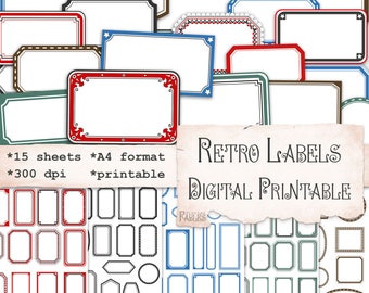 Etichette retrò stampabili, Effimeri stile vintage, Etichette cornice rosso verde blu, Diario, Diario spazzatura, Scrapbooking, Stampabile digitale