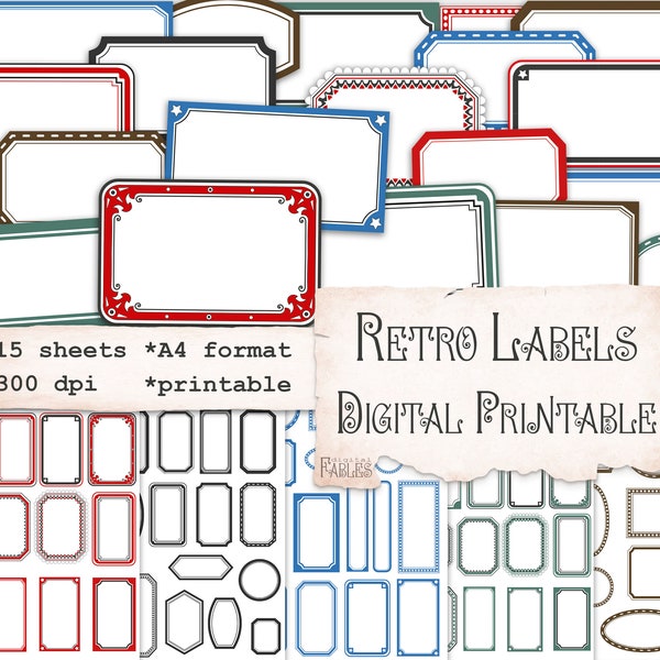 Retro Labels Printable, Vintage Style Ephemera, Red Green Blue Frame Labels, Journal, Junk journal, Scrapbooking, Digital Printable