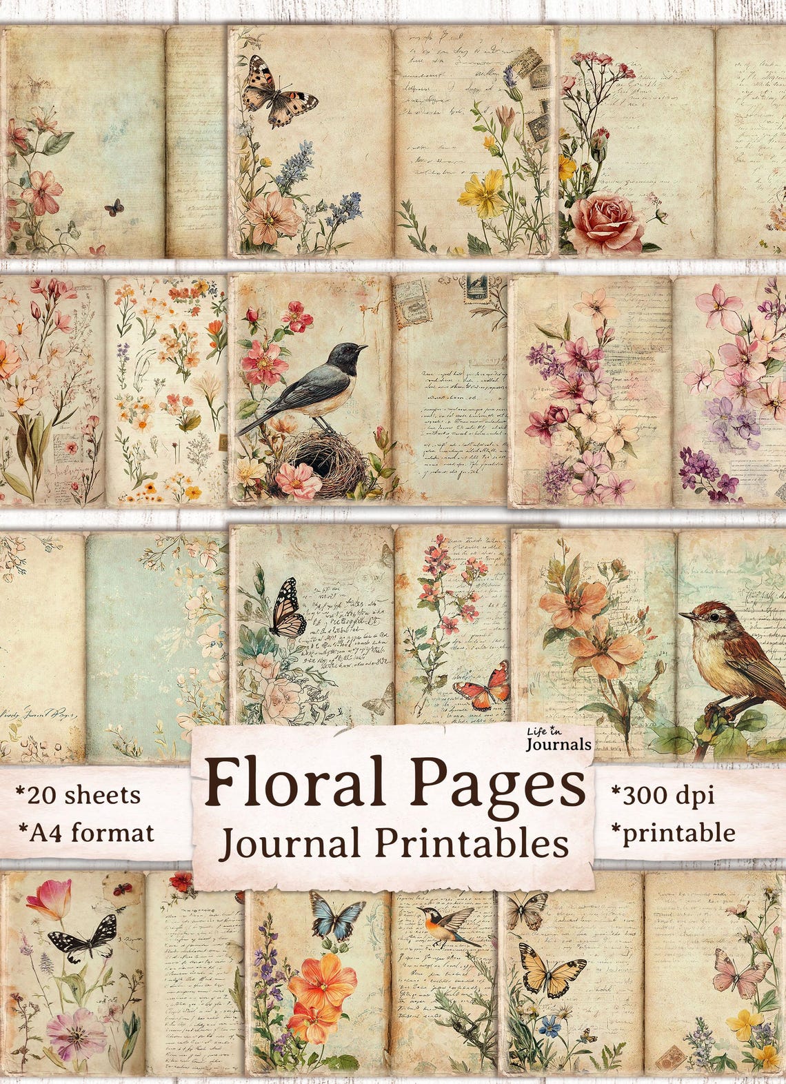 Vintage Floral Junk Journal Printable Pages, Spring Summer Shabby ...