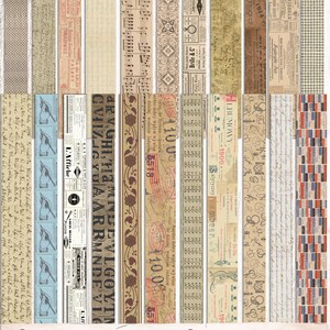 May include: A set of 24 printable washi tape strips featuring vintage ephemera designs. The strips are arranged in two rows of 12, with each strip showcasing a different design. The designs include music notes, handwriting, and old advertisements. The strips are perfect for adding a vintage touch to your crafts and projects.