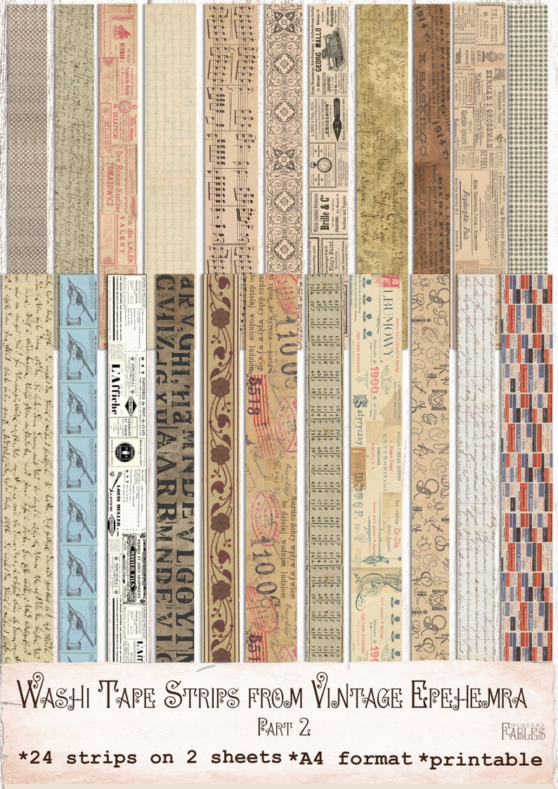 May include: A set of 24 printable washi tape strips featuring vintage ephemera designs. The strips are arranged in two rows of 12, with each strip showcasing a different design. The designs include music notes, handwriting, and old advertisements. The strips are perfect for adding a vintage touch to your crafts and projects.