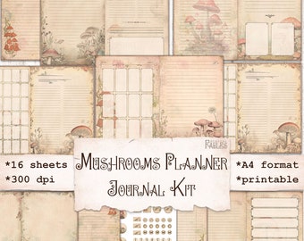 Mushroms Planner Junk Journal Kit, Undated Digital Planner Printable, Bullet Journal, Monthly, Weekly, Lined Paper, Vintage Shabby Mushrooms