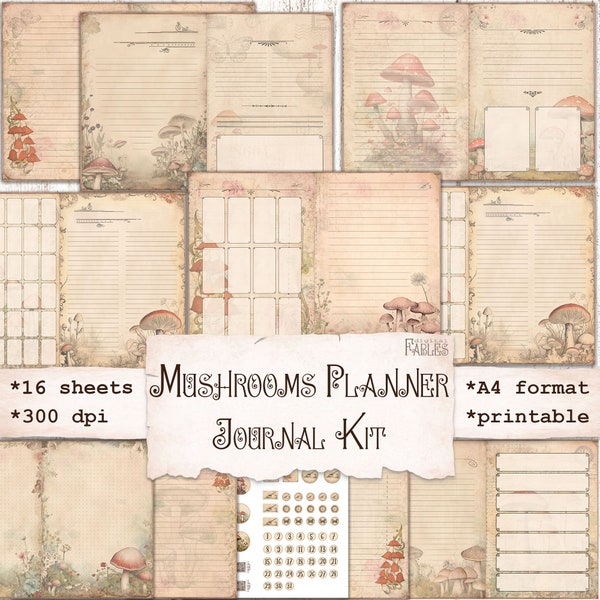 Mushroms Planner Junk Journal Kit, Undated Digital Planner Printable, Bullet Journal, Monthly, Weekly, Lined Paper, Vintage Shabby Mushrooms