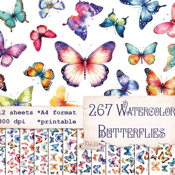 267 Watercolor Butterflies Fussy Cutting Images, Digital Printable, Journal Butterfly Embellishment, Scrapbooking, Art Journal, Cards Making