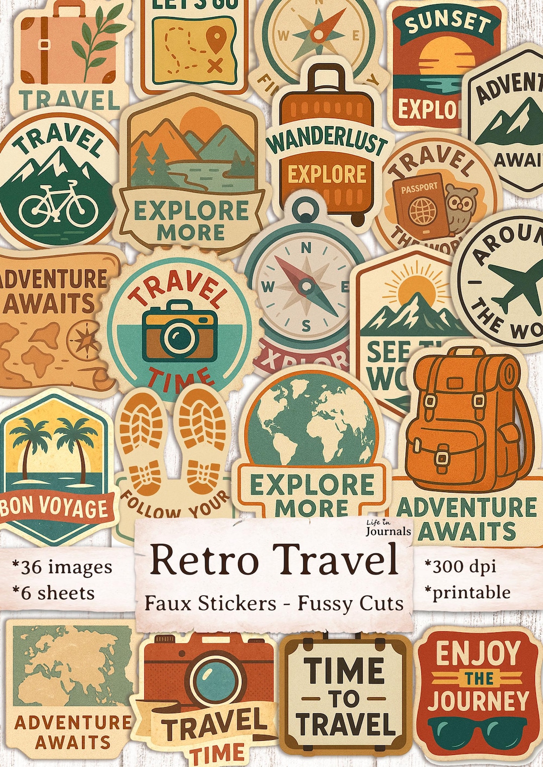 36 Retro Travel Faux Stickers – Printable Fussy Cuts for Junk Journals ...