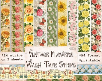 Vintage Flowers Washi Tape Strips, Junk Journal Printable, Planner, Scrapbook Supplies, Collage, Digital Download, Faux Washi
