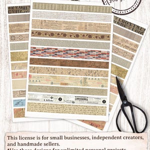 May include: A set of 18 digital printable vintage style washi tape designs. The designs feature a variety of patterns, including floral, geometric, and textural elements. The washi tape is perfect for adding a touch of vintage charm to your crafts and projects.