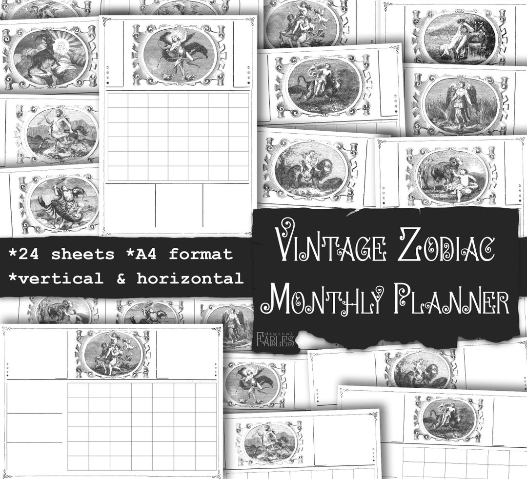 Astrology Monthly Planner Printable, Vintage Zodiac Signs Images, Instant Download, Undatet ...