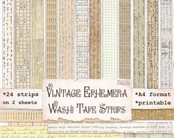 Washi Tape Strips from Vintage Ephemera Sheets, Junk Journal Printable, Planner, Scrapbook Supplies, Collage, Digital Download, Faux Washi