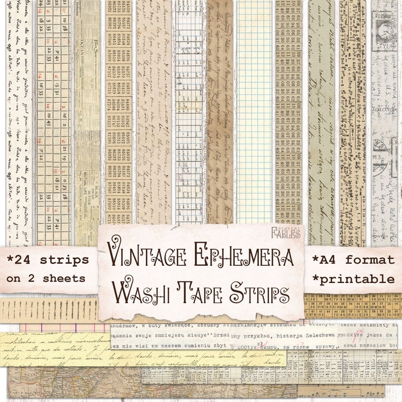 May include: A set of 24 printable vintage ephemera washi tape strips in A4 format. The strips feature a variety of patterns, including handwritten text, grid paper, and maps. The strips are perfect for adding a touch of vintage charm to your crafts and projects.