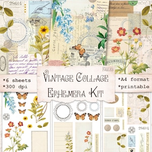 Kit de collages vintage efímeros, páginas y elementos de collage, descarga imprimible para diarios basura, adornos Fussy Cuts