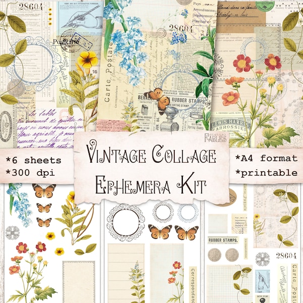 Vintage Collage Ephemera Kit, Collage Pages & Collage Elements Kit, Printable  Download for Junk Journals, Fussy Cuts Embellishments