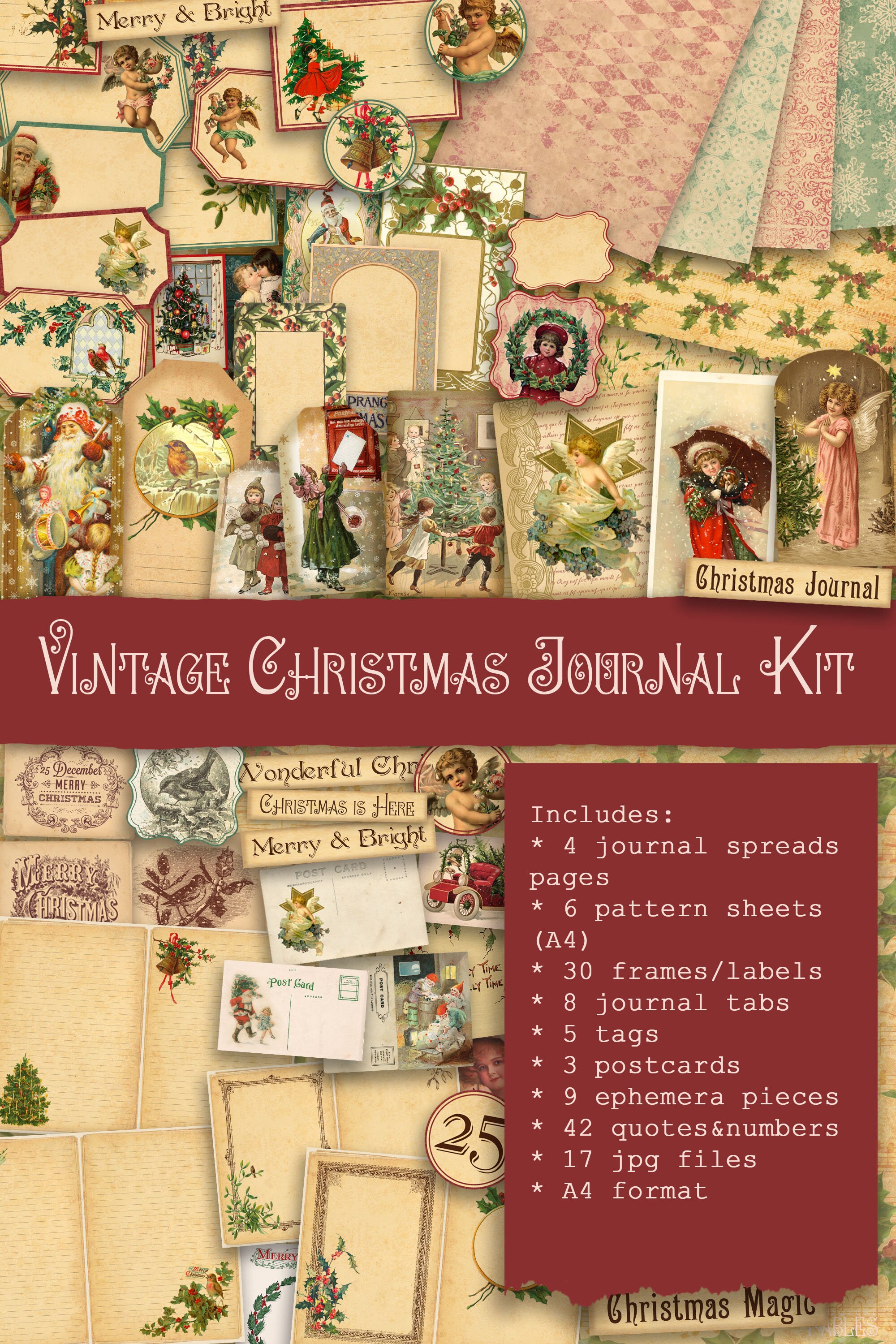 Vintage Christmas Junk Journal Kit, Journal Pages, Tags, Labels ...