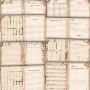May include: A printable vintage planner journal kit with 14 sheets in A4 format. The kit features a variety of pages with different layouts, including lined pages, grid pages, and blank pages. The pages are decorated with floral designs and butterflies.
