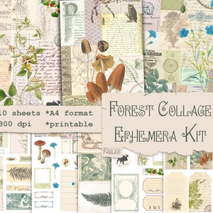 Bos collage kortstondige kit, bos, natuur, collagevellen, kortstondige kieskeurige snede, digitale afdrukbare kortstondige voor junk Journal